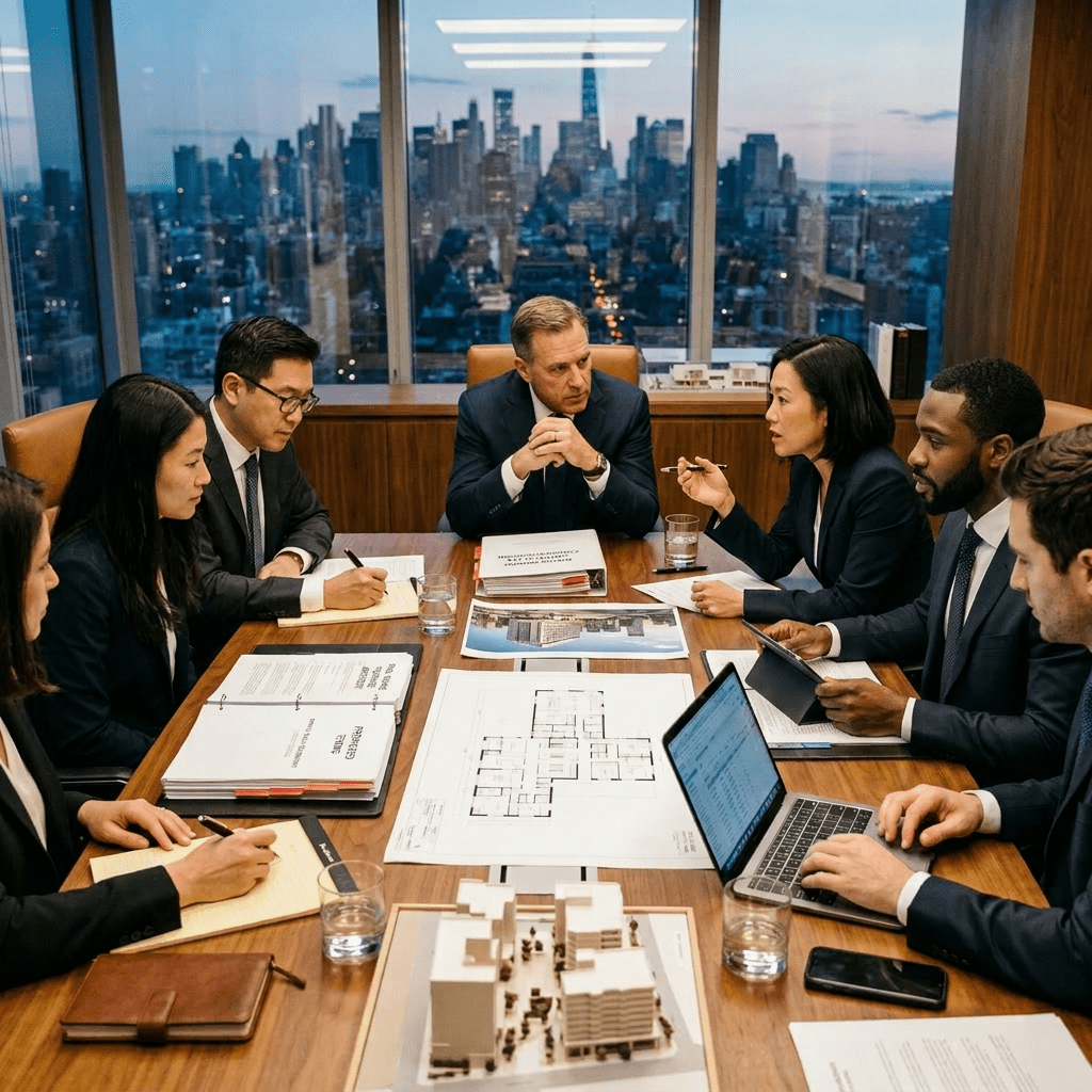 Business professionals discussing architectural blueprints and models around a conference table